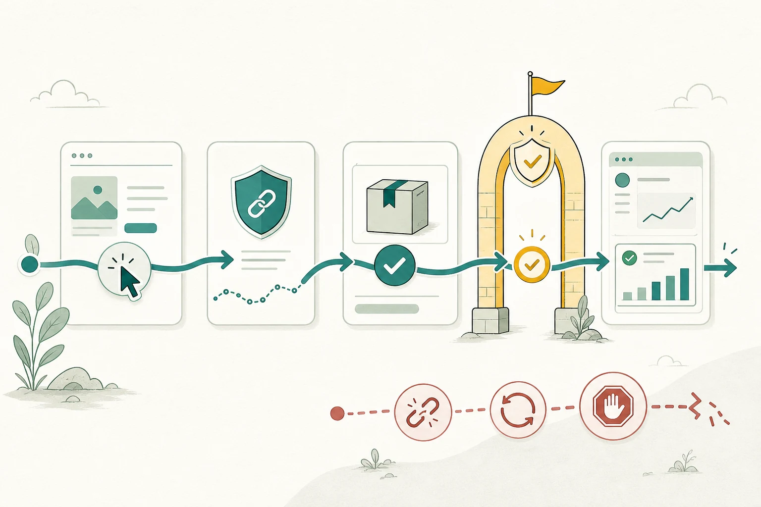 A calm diagram showing an honest referral path, review checkpoint, dashboard signal, and a blocked spam detour.