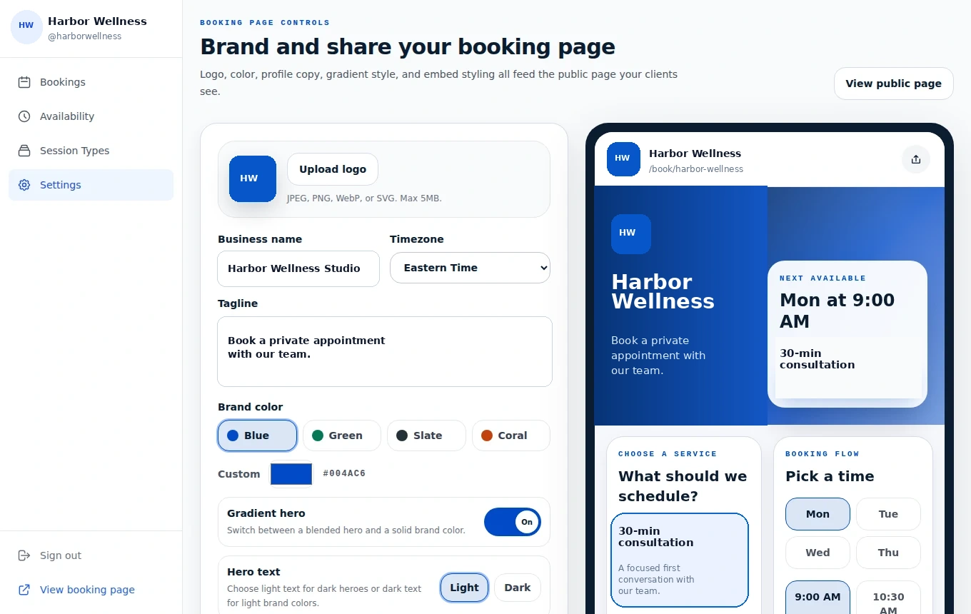 Harbor Wellness fake-data Booking Kit dashboard showing brand controls and a live booking-page preview.