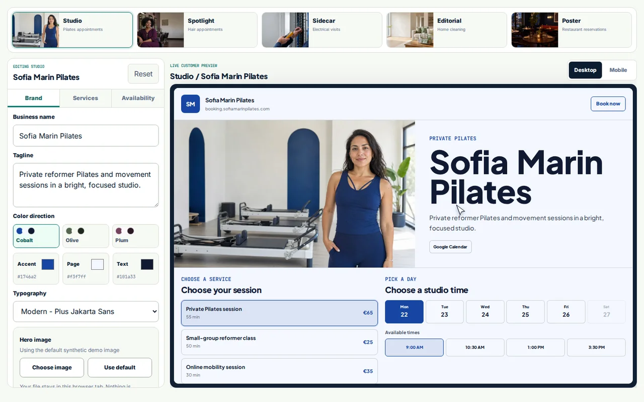 Current Booking Kit playground with five business templates beside a live customizable booking-page preview.