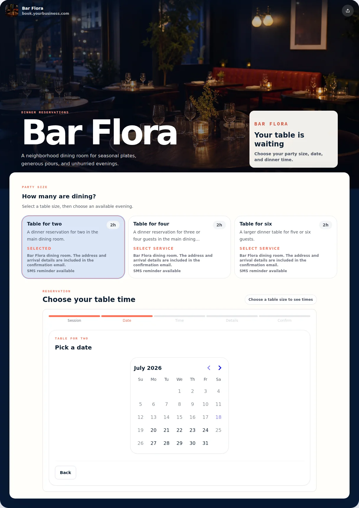 Poster Booking Kit starting layout showing the branded booking page, service choices, and booking flow.