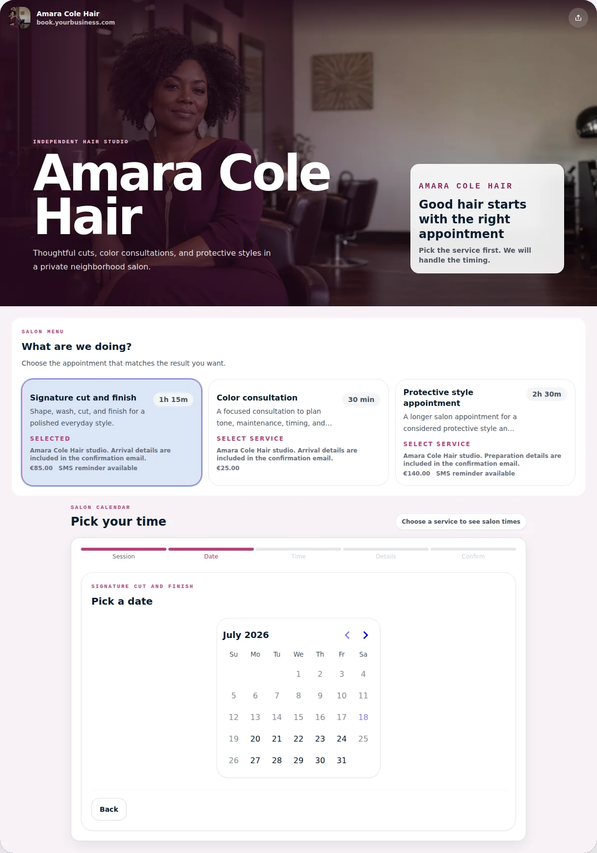 Spotlight Booking Kit starting layout showing the branded booking page, service choices, and booking flow.