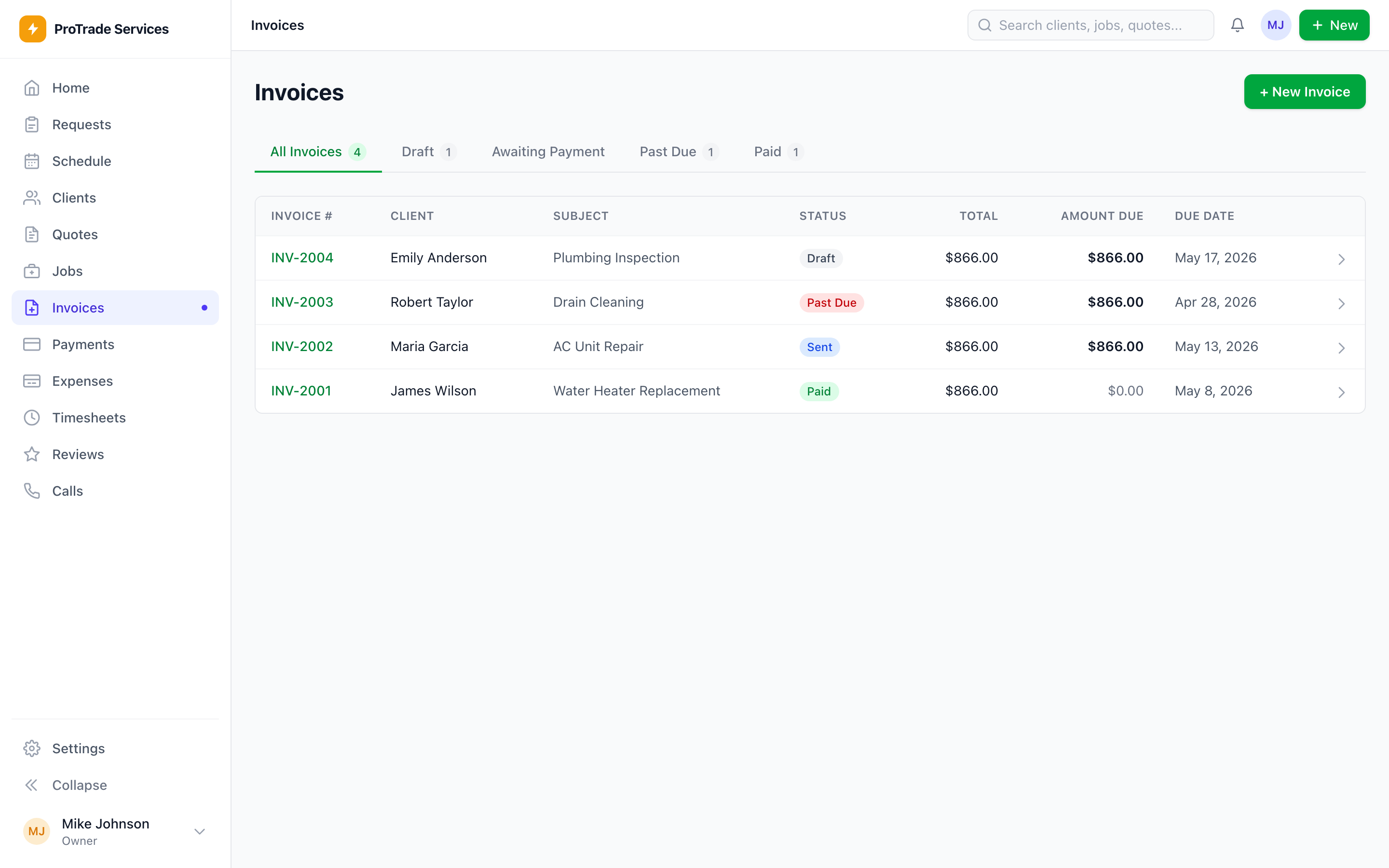 ServiceKit invoices and payments screen with paid and unpaid invoices
