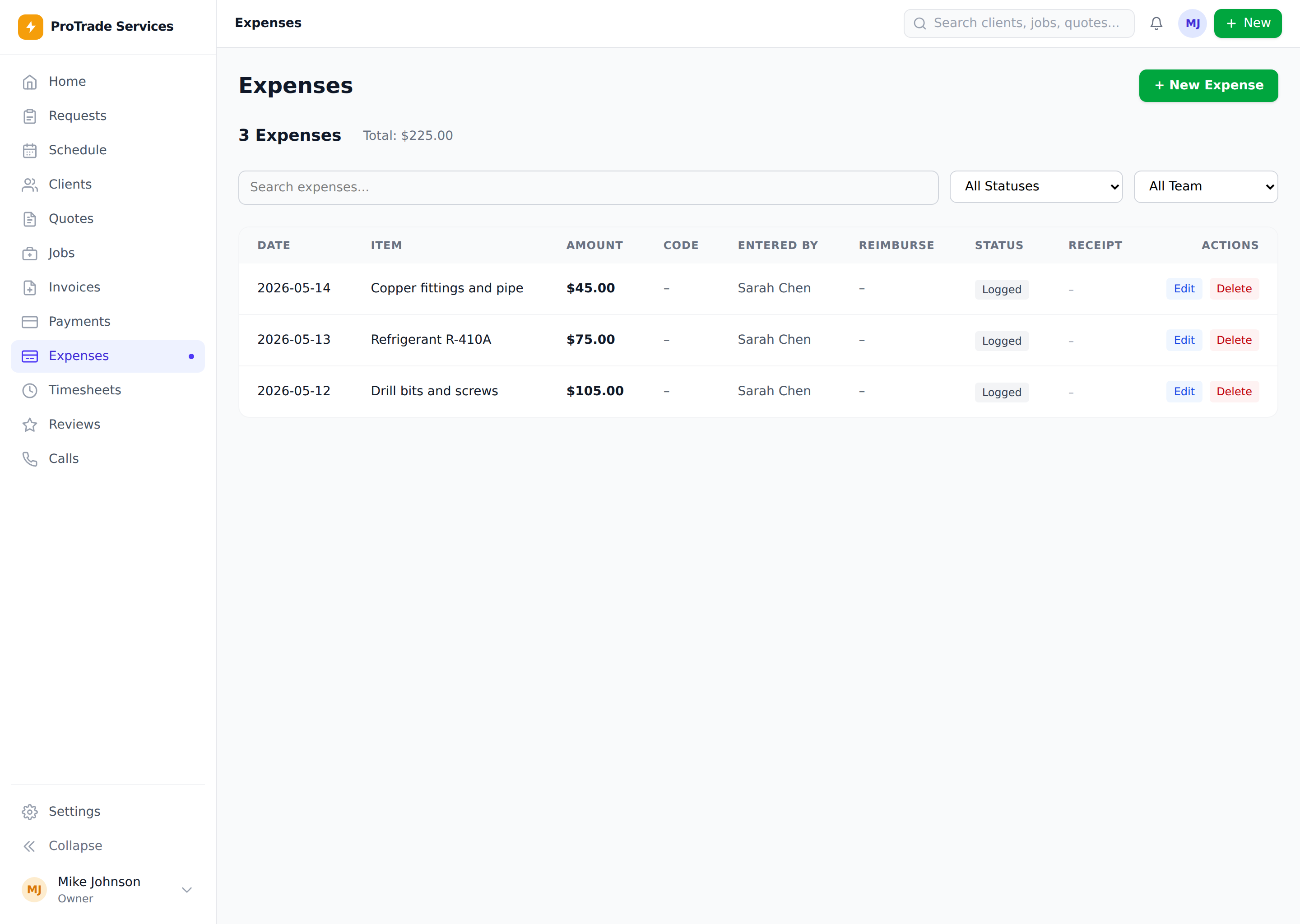 ServiceKit expenses and timesheets screen with job cost entries