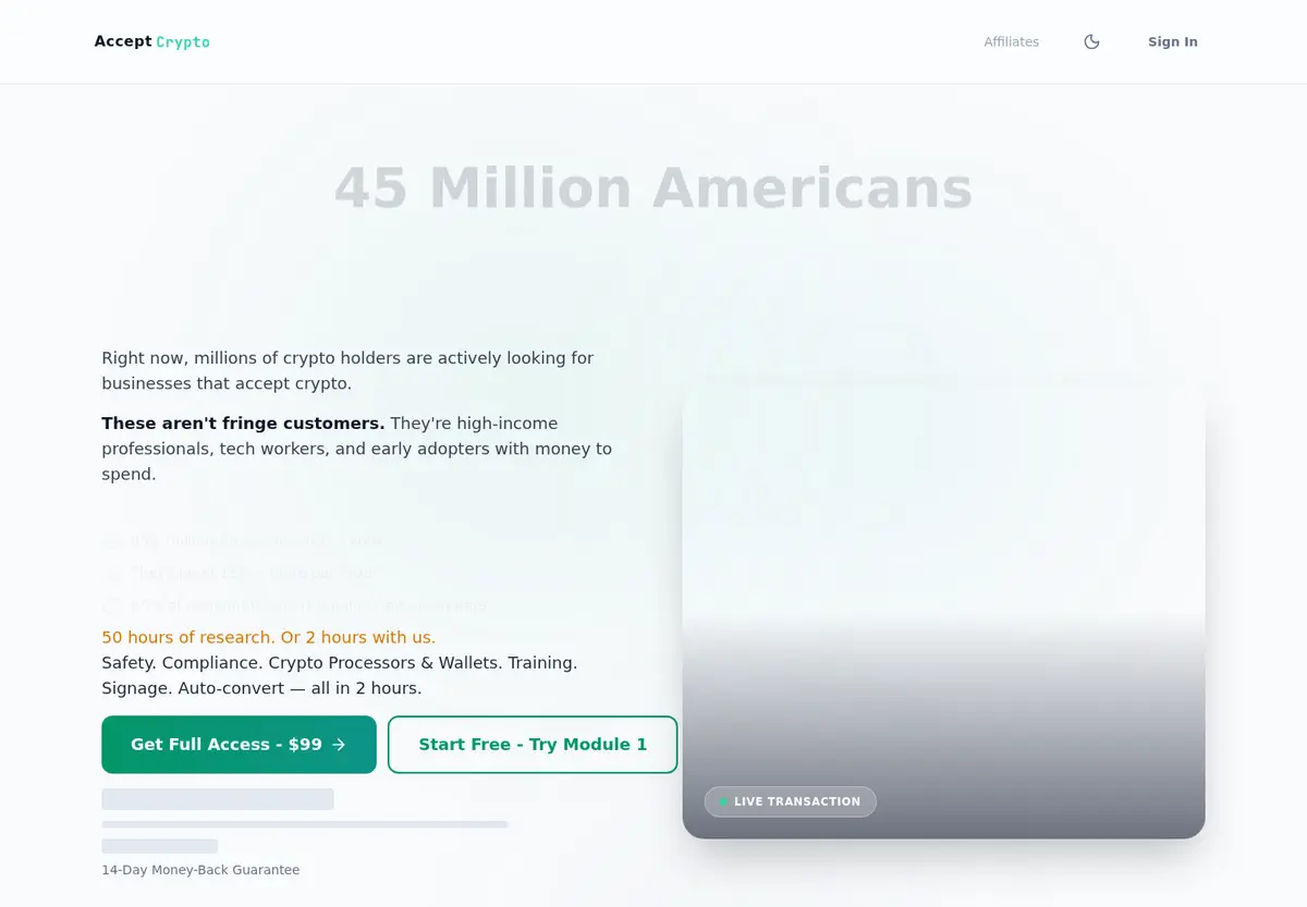 Accept Crypto homepage hero with course copy for crypto-ready business owners.