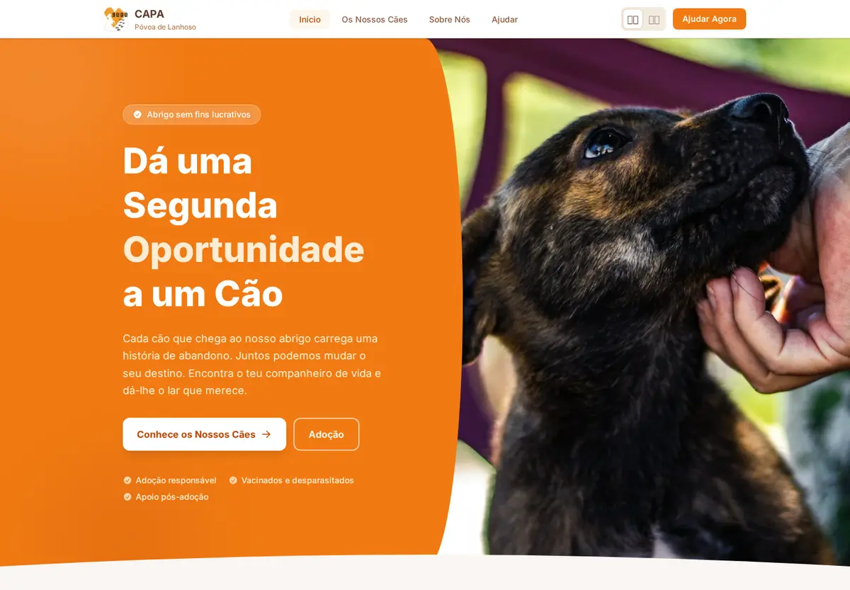 CAPA PVL homepage hero with an orange adoption message and dog photography.