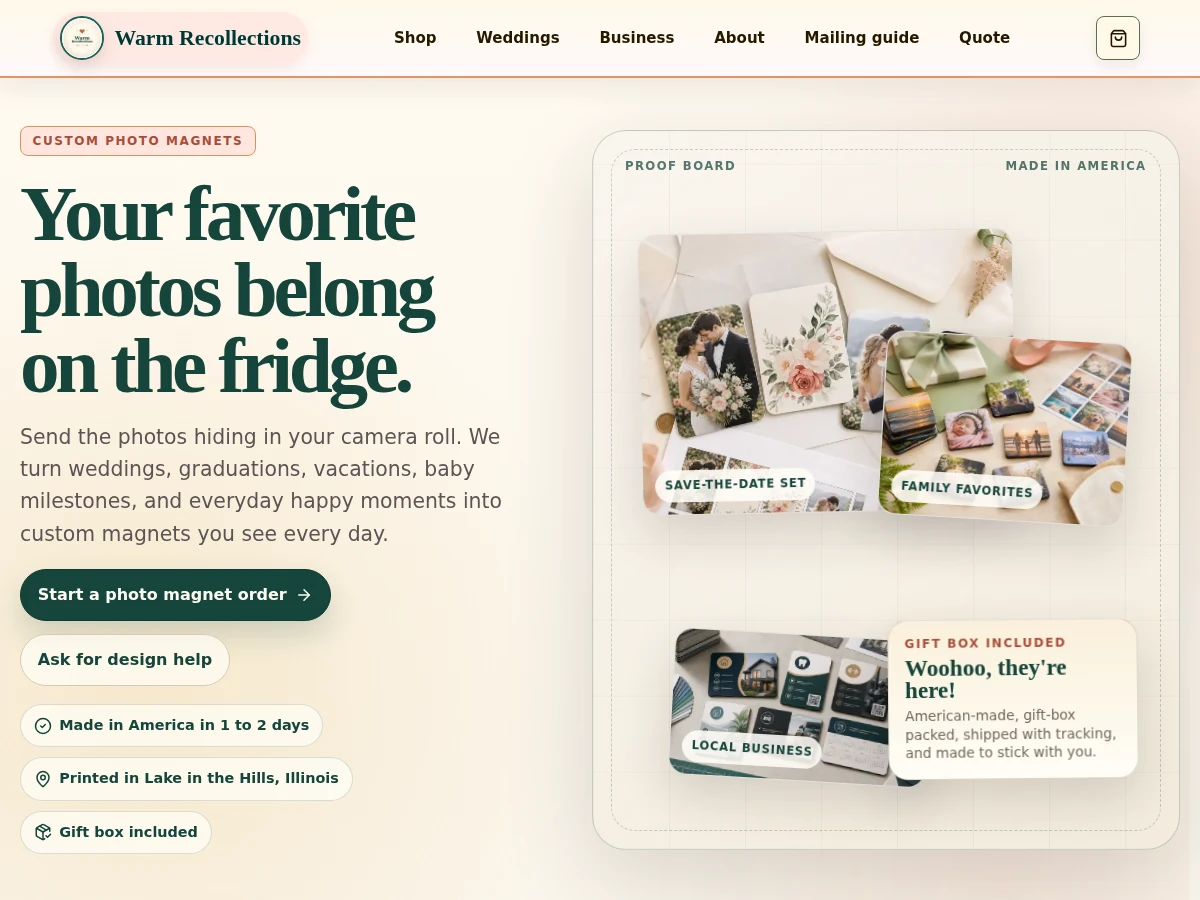 Warm Recollections homepage hero with the headline Your favorite photos belong on the fridge.