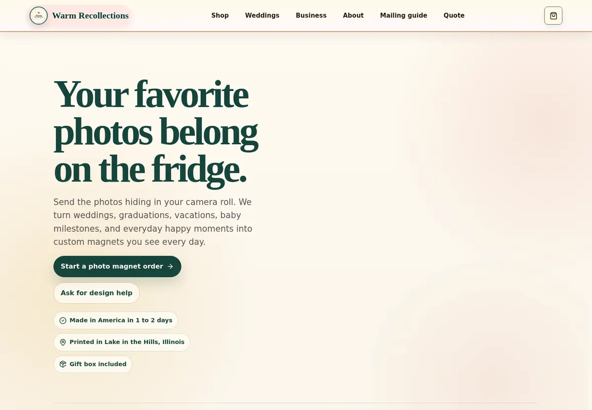Warm Recollections homepage hero with the headline Your favorite photos belong on the fridge.