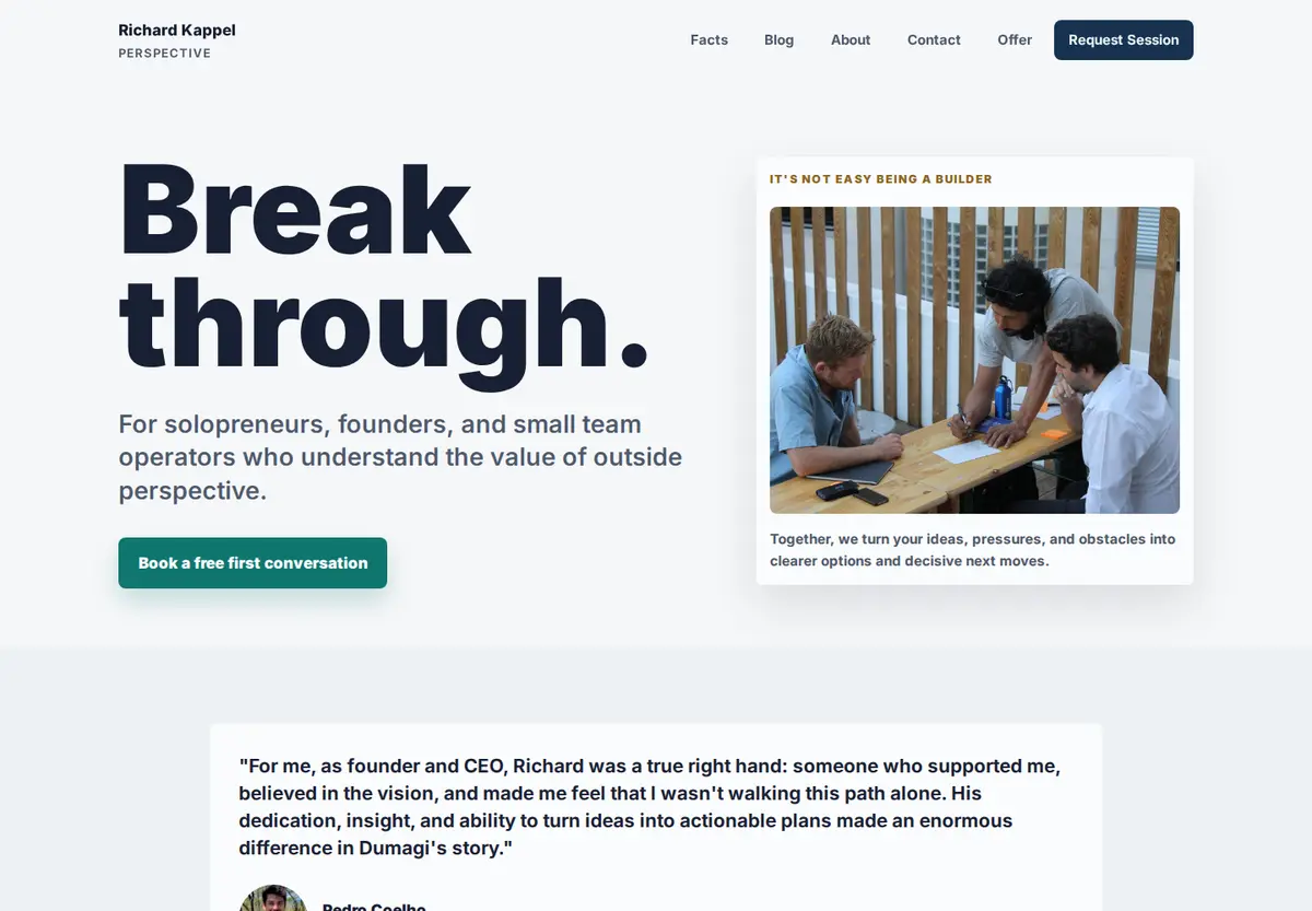 RichKapp homepage hero with the headline Break through and a clear booking call to action.